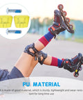 Person lying with inline skates, showcasing roller skate toe stops and plugs set for quad and inline skates, wear resistant yellow brake heads with screws, replacement parts and gear for easy fixes and smooth stops.