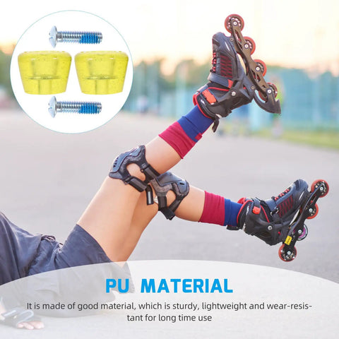 Person lying with inline skates, showcasing roller skate toe stops and plugs set for quad and inline skates, wear resistant yellow brake heads with screws, replacement parts and gear for easy fixes and smooth stops.