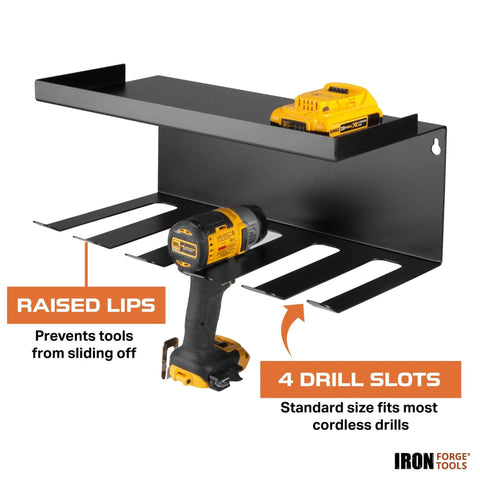 Power Tool Organizer For Shop And Garage Heavy Duty Wall Mounted Rack With Storage And Five Drill Slots Durable Workshop Organizer
