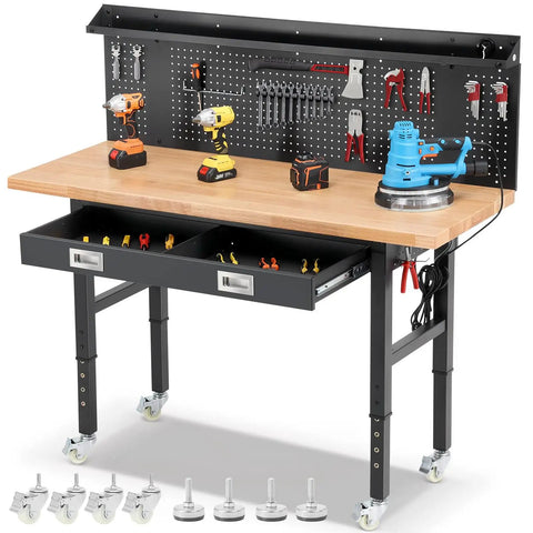 Beefy Heavy Duty Rolling Garage Workbench With Adjustable Height And 2000 Lbs Capacity, 60 Inch Long 22 Inch Wide Rubberwood Top, Drawers, Pegboard, Power Outlets And LED Light For Workshop Or Home shown with tools.