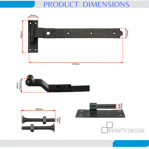 Heavy Duty Hook And Band Hinges For Shed Barn Gates Badass Durability And Sturdy As Heck Solid Black Metal Hardware dimensions diagram.