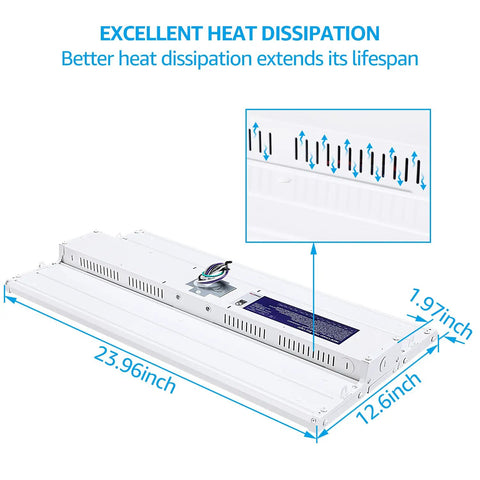 160W LED Linear High Bay Light for Warehouse and Shop Floor, 21600 Lumens, top view with dimensions and heat dissipation