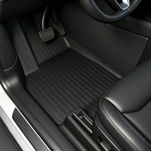 Driver's side view of Tesla Model Y Juniper All Weather Floor Mats And Cargo Liners 9 Piece CabinProtect Pro Kit Full Cabin Protection System Only Fits Premium And Performance For Daily Rugged Use