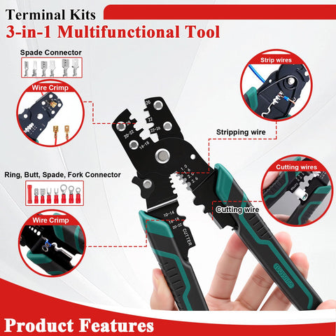 All In One 1100 Pcs Insulated Wire Connector Kit With Ring Butt Spade Fork Terminals Color Coded 22 To 10 AWG Red Blue Yellow Includes Multifunction Crimping Tool Brass Inserts PVC Insulation Durable Pro Grade