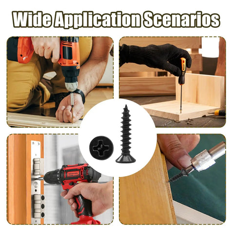 Premium Grade Six Gauge X One Inch Black Wood Screws 120 Piece Pack in use for woodworking and yard projects under various scenarios.