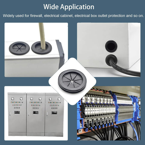 2 Inch Rubber Grommets for wiring protection, installed in electrical panels and enclosures, showing wide application and use in cabling.