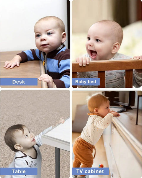 6.6Ft Silicone Edge Protector Strip For Baby Proofing used on desk, baby bed, table, and TV cabinet, shielding sharp corners.