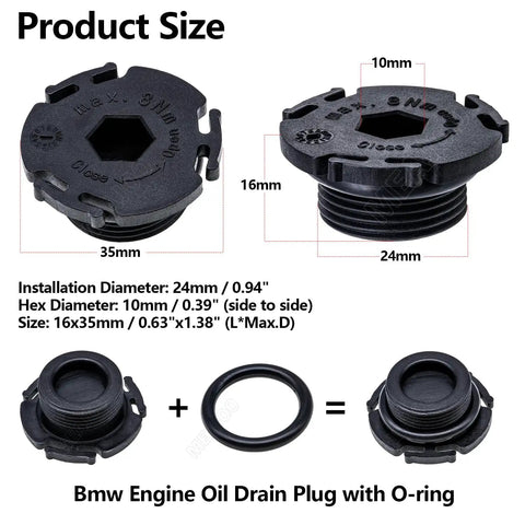 BMW Engine Oil Pan Drain Plug With O Ring Seal 5 Pack for Rear Wheel Drive Models N20 N26 size specifications image