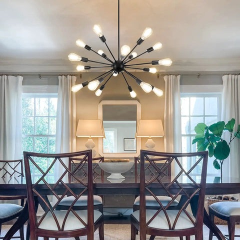 Room with Dope Black Sputnik Chandelier With 18 Lights Adjustable Height Pendant Light For High Ceilings Industrial Mid Century Vintage Style