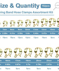 Chart showing sizes in 152 Piece Spring Band Hose Clamp Kit With Pliers, 16 Sizes Auto Hose Clamps For Fuel Lines