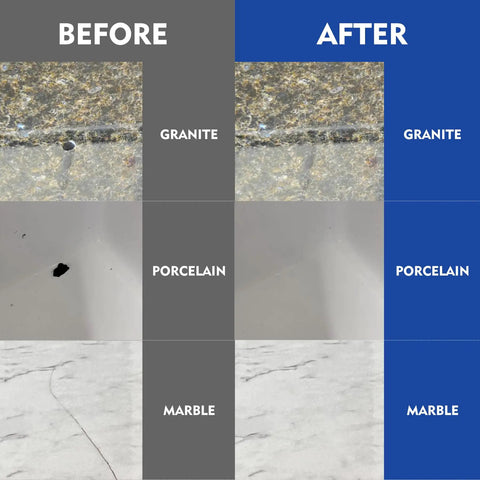 Before and after using Tile Repair Kit With Color Matching Porcelain Repair Paste for fixing granite, porcelain, and marble surfaces.
