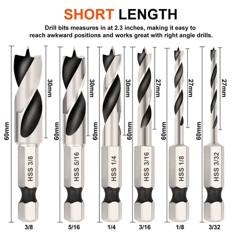 Heavy Duty Brad Point Stubby Drill Bit Set For Woodworking With 6 Pack Hss 4241 Steel, 2.3-inch bits for tight spaces.
