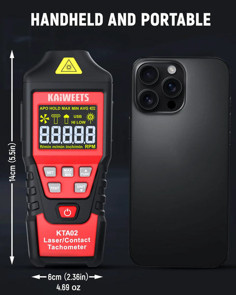 All-In-One Dual Mode Laser And Contact Tachometer With Rechargeable Battery Pro-Grade Photo Sensor RPM Meter Ranges 10 To 99999 And 1 To 19999 Backlit Display Hold Max Min Avg Hi Low Alarm, 14cm tall