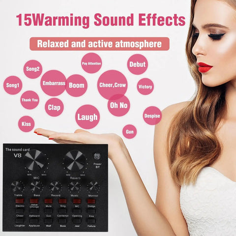 Woman showcasing sound card with 15 sound effects in Condenser Microphone Bundle With Live Sound Card, Adjustable Boom Arm Kit.