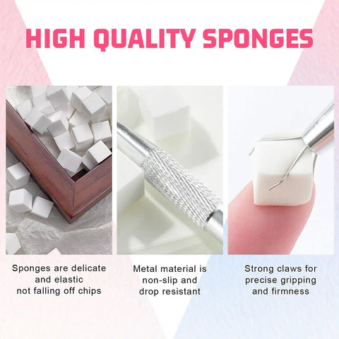 Pro Grade Nail Art Sponges and Grabber Set for Ombre Gel Nails showing sponge box, metal tool, and sponge held with grabber.