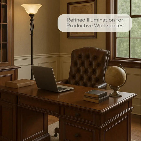 Bronze Floor Lamp With Glass Alabaster Swirl Amber Shade in office beside desk and chair, providing cozy vibe glow and soft glare.