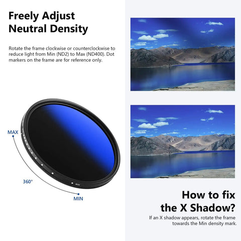 67mm Variable ND Filter ND2-ND400 1-9 Stops Dope with adjustment guide and landscape example images