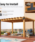 T Post Timber Pergola Bracket Set For 4x4 And 6x6 Lumber Heavy Duty Steel Powder Coated Black installed on wooden pergola