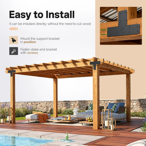 T Post Timber Pergola Bracket Set For 4x4 And 6x6 Lumber Heavy Duty Steel Powder Coated Black installed on wooden pergola