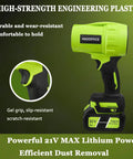 Powerful Cordless Leaf Blower With 21V Battery And Charger, featuring gel grip and durable high-strength engineering plastic.