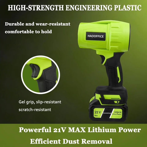 Powerful Cordless Leaf Blower With 21V Battery And Charger, featuring gel grip and durable high-strength engineering plastic.