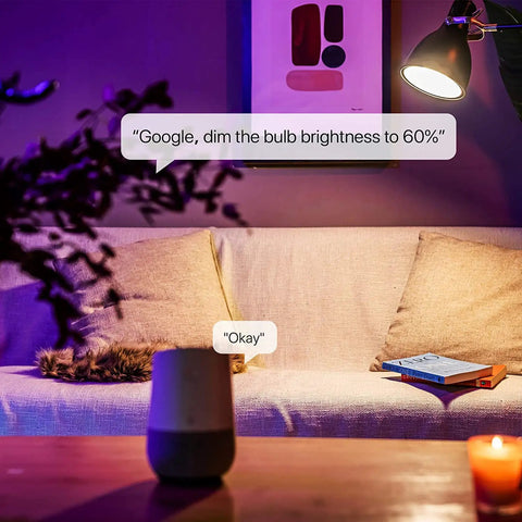 Living room with Smart LED Light Bulbs 4 Pack With Color Changing RGBWW Music Sync Alexa Ready Without Hub A19 800LM 7.5W.