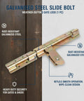 Rock Solid Slide Bolt Gate Latch Rust Proof Galvanized Steel Hardware With Tight Strike Plate For Outdoor Barn Shed Door Lockdown Guard And No Sweat Weather Shielding on wooden background.