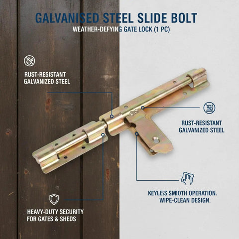 Rock Solid Slide Bolt Gate Latch Rust Proof Galvanized Steel Hardware With Tight Strike Plate For Outdoor Barn Shed Door Lockdown Guard And No Sweat Weather Shielding on wooden background.