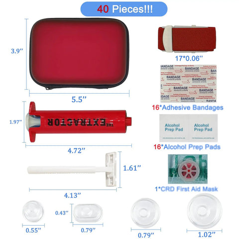 Image of All Purpose Snake Bite Kit For Humans And Pets With Venom Extractor Pump, showing red carrying case, suction pump, and various first aid supplies.