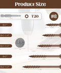 Genuine Tough Number Eight X 2 Inch Deck Screws With Star Drive Heads and No Sweat Rust Resistance size chart with T20 bit and dimensions.