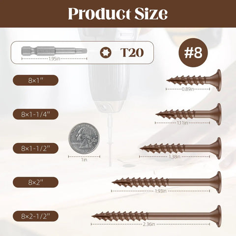 Genuine Tough Number Eight X 2 Inch Deck Screws With Star Drive Heads and No Sweat Rust Resistance size chart with T20 bit and dimensions.
