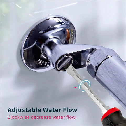 Wall Mount Kitchen Faucet With 360 Degree Rotating Spout Folding Design 17 Inch Reach Side Sprayer And 2 Handle Pot Filler For Utility Sink Polished Chrome, close-up of adjustable water flow feature.