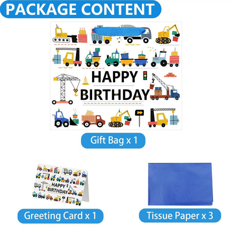 Construction Birthday Gift Bags For Boys With Tissue Paper And Greeting Card 13 Inch Vehicle Theme Trucks Excavators And Cranes Ready To Gift Party Bag Bundle For Kids