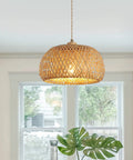 Totally Fresh Handmade Woven Bamboo Pendant Light Fixture Adjustable Boho Basket Hanging Lamp in natural interior setting.