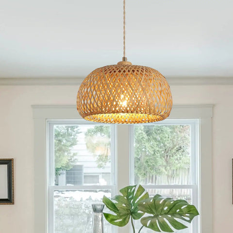 Totally Fresh Handmade Woven Bamboo Pendant Light Fixture Adjustable Boho Basket Hanging Lamp in natural interior setting.