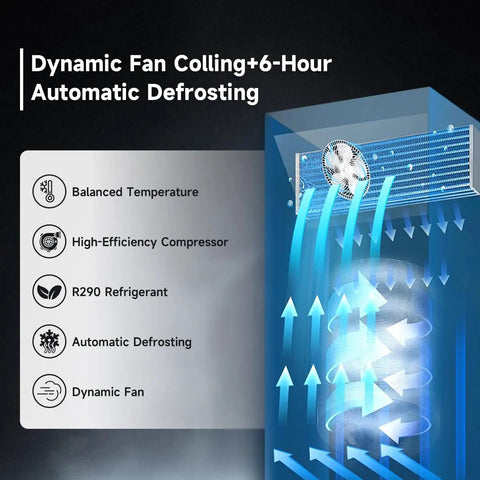 Dynamic fan cooling and automatic defrosting feature of Straight Up Commercial Grade Upright Display Freezer With 16 Cu Ft Glass Door.