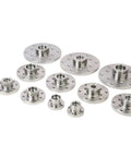 Multiple alloy steel face plates, including 6 Inch Wood Lathe Face Plate Alloy Steel Built Tough For 1-1/4 X 8 TPI Spindle, on display.