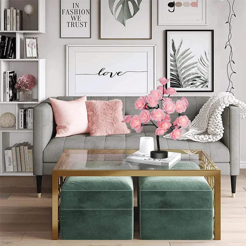 Pink Rose Tree Lamp With Bonsai Style Design And Cozy Soft LED Glow in stylish living room decor setup