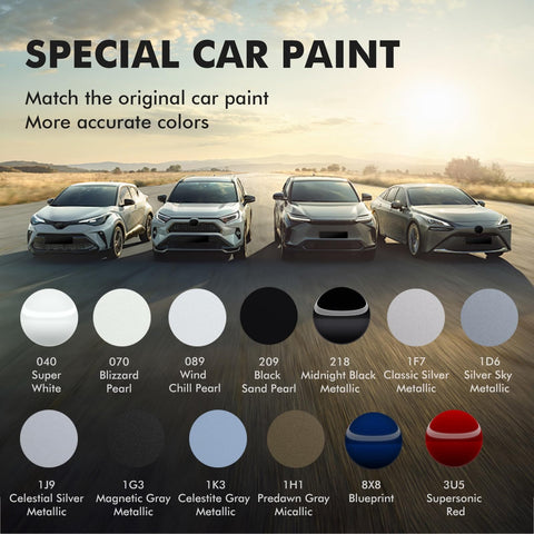Color options for Celestite Gray Metallic Touch Up Paint For Toyota Corolla Scratches DIY Car Repair Kit with color chart visible.