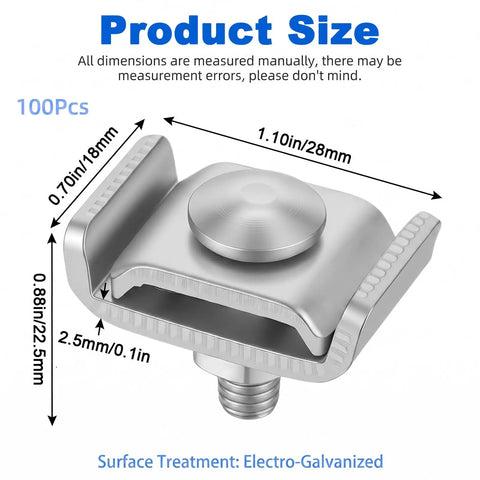 Galvanized Wire Connector Clips 100 Pack Heavy Duty Wall Cable Tray Holder with precise measurement details.