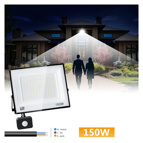 JUDYSSY Led Floodlight Motion Sensor Led Reflector 150W Outdoor Waterproof Spotlight illuminating garden at night.