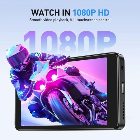 Hella Massive 96GB MP3 Player With Bluetooth And WiFi, 4 Inch Android MP4 Player T08 displaying 1080P HD video of a motorcycle.