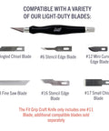 Pro Grade Grip Craft Knife With 11 Ultra Sharp Carbon Steel Angled Blade And Contoured Rubber Grip for DIY Art Hobby And Model Projects Made In The USA with various compatible blades displayed