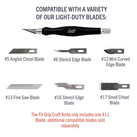Pro Grade Grip Craft Knife With 11 Ultra Sharp Carbon Steel Angled Blade And Contoured Rubber Grip for DIY Art Hobby And Model Projects Made In The USA with various compatible blades displayed