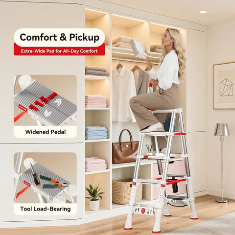 Heavy Duty A Frame Telescoping Extension Ladder With Safety Lock Four Point Four Foot Foldable Aluminum Ladder Five Step Stool That Holds Up To 600 Pounds For Home Projects And Everyday DIY, used in closet