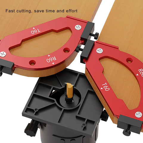 Heavy Duty Router Jig Set With Aluminum Woodworking Templates And R10 To R60 Radius Guides For Slick Cabinet Edges And Sharp Furniture Corners Zero Stress Precision Cutting, showing adjustable radius guides on a router.