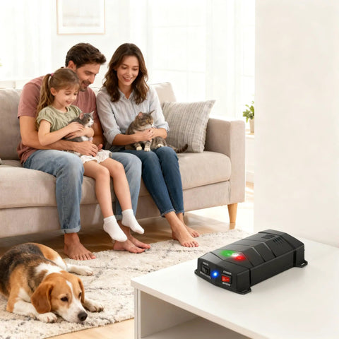 Family in living room with Dual Ultrasonic And LED Strobe Rodent Deterrent For Cars And Indoor Use on table, pet-friendly solution