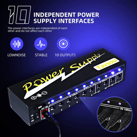 10 Isolated DC Outputs Guitar Pedal Power Supply with 9V 100mA, 9V 500mA, 12V and 18V rails, close-up of power interfaces.