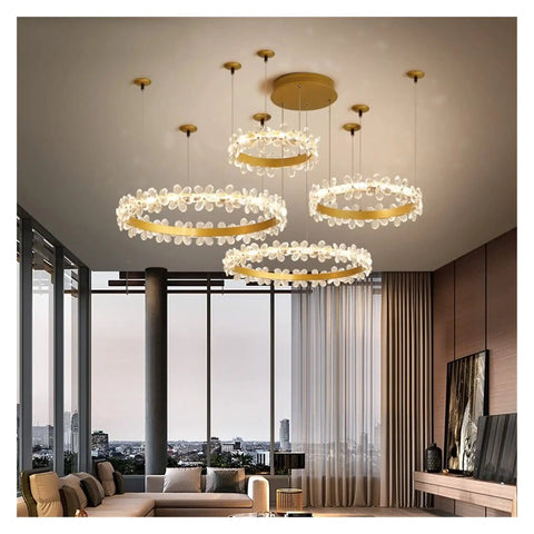 Modern LED s Gold Living Room Light Nordic Crystal Pendant Lighting for Bedroom Kitchen Lustre Moderno, 5 rings, gold accents.