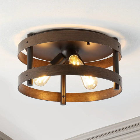Dark Brown Wood And Oil Rubbed Bronze Three Light Iron Flush Mount Ceiling Light, Farmhouse Industrial Round Fixture